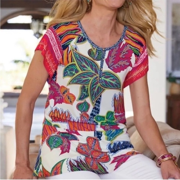 Soft Surroundings Tops - Soft Surroundings Tigerwood Tropical Print Tunic Top Henley Size XL